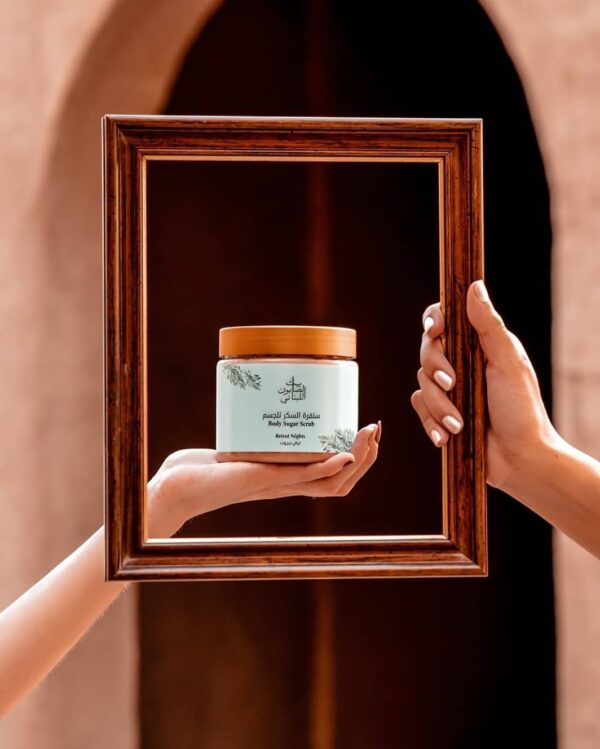 Beirut Nights Body Sugar Scrub pictured in a frame